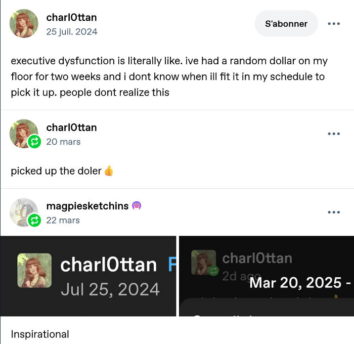 A Tumblr post about executive dysfunction, where a user takes two weeks to pick up a dollar, and later picks it up, showcasing humorous shared things.