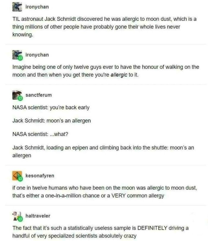 A series of Tumblr posts humorously discussing astronaut Jack Schmidt being allergic to moon dust, leading to jokes about rare allergies and funny shared things.