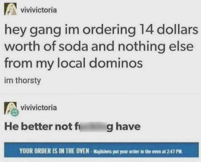A funny Tumblr post about ordering $14 worth of soda from Domino's and the delivery status, one of the best Tumblr shares.
