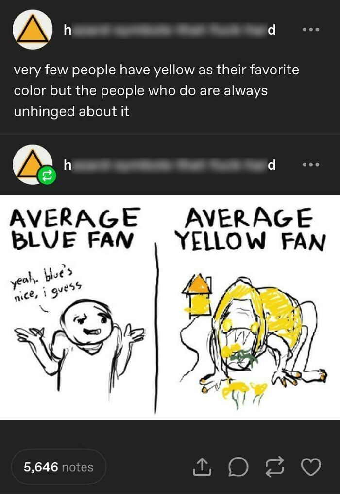 A Tumblr meme comparing average blue fans to unhinged yellow fans, among the best things shared on Tumblr.