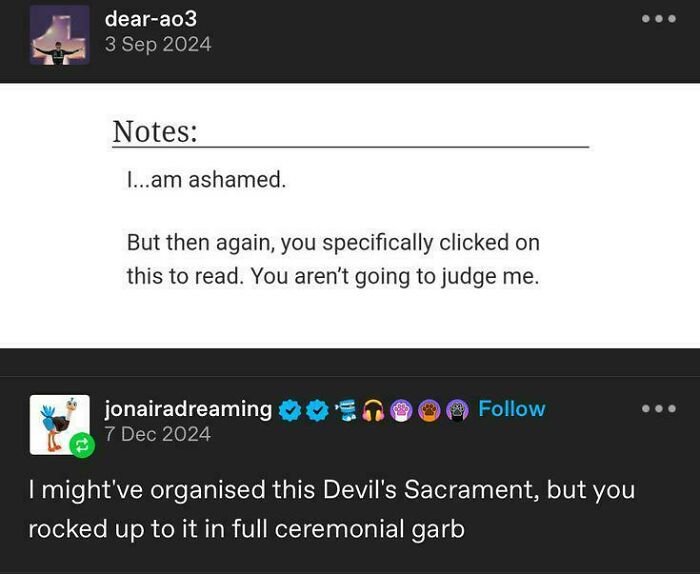 A Tumblr post discussing shame and a Devil's Sacrament, part of the best things shared on Tumblr.