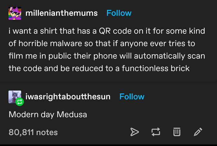 A Tumblr post expressing a desire for a malware QR code shirt, one of the funny things shared on Tumblr.