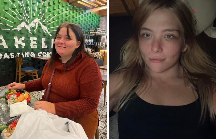 Side-by-side images capturing an Ugly Ducklings transformation of a woman, showcasing a remarkable glow up.