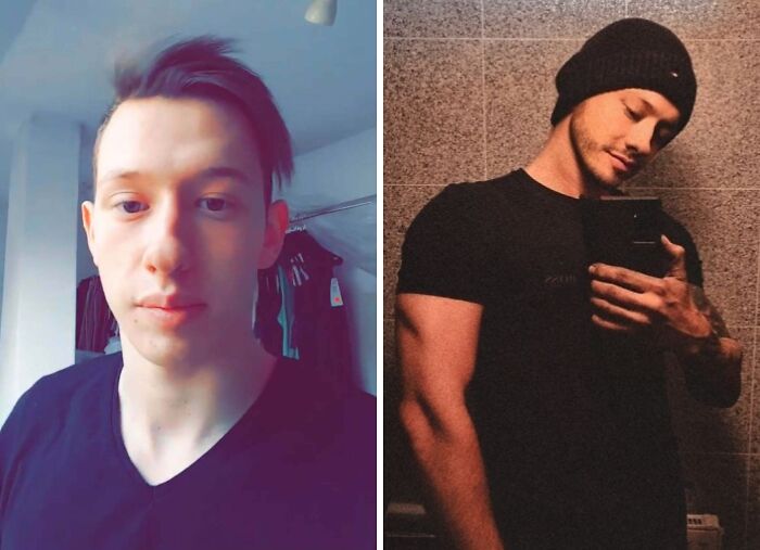 Before and after photo of an Ugly Ducklings transformation, showing a man's incredible glow up and style evolution.