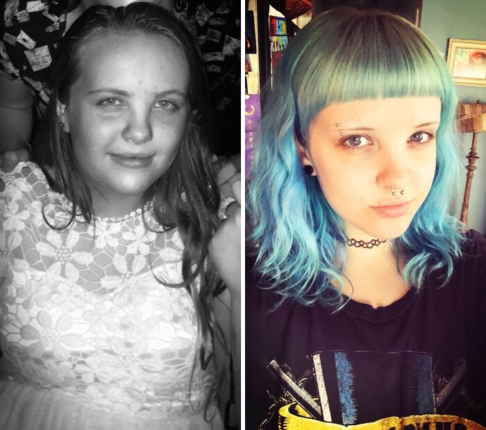 An ugly duckling transformation from a girl with long hair to a woman with blue hair and piercings.