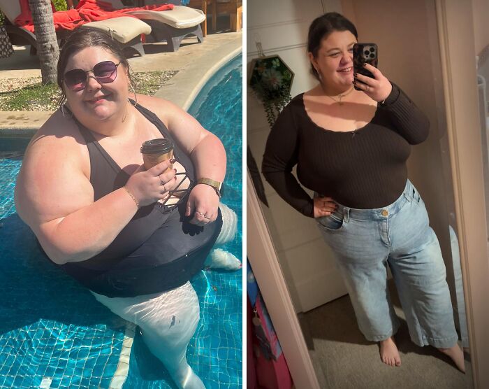 An ugly duckling transformation of a woman in a swimsuit by the pool, then a woman in jeans and a top.