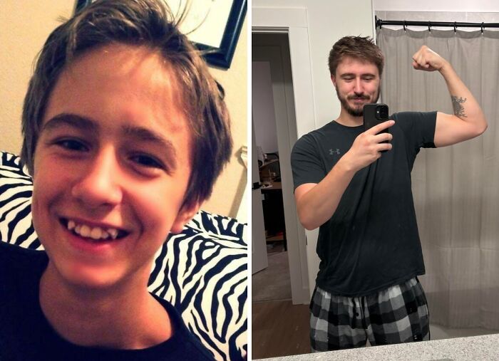 A boy's incredible transformation from an ugly duckling to a muscular man flexing his bicep.