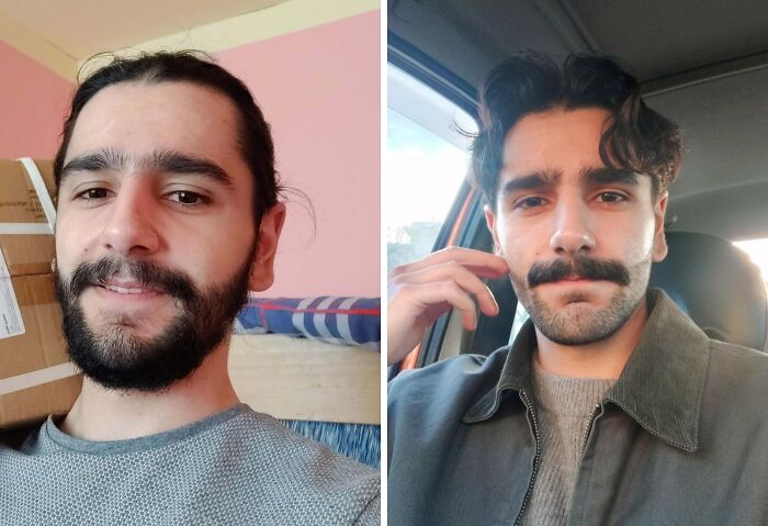 An ugly duckling underwent an incredible transformation from long hair and a full beard to a stylish haircut and mustache.