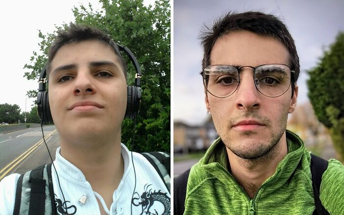 An ugly duckling transformation: A person with short hair and headphones, then as a man with glasses and a beard.