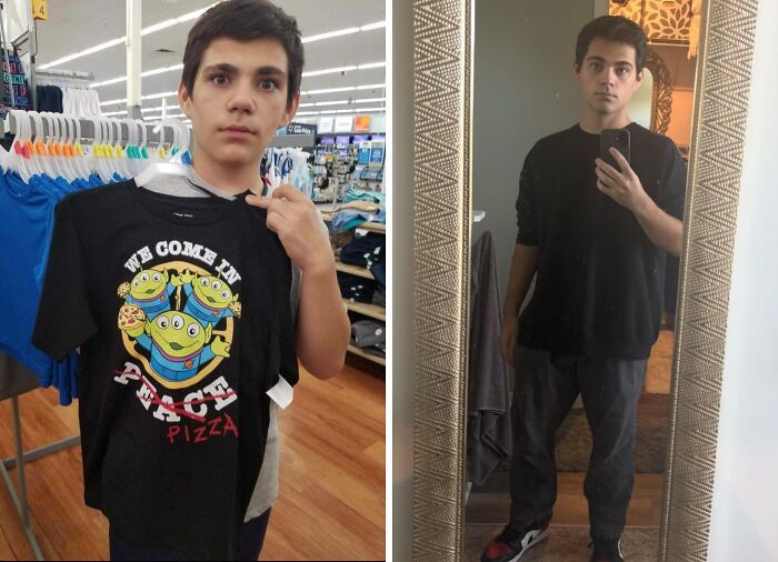 An ugly duckling transformation: A boy holding a T-shirt in a store and then as a confident adult in a mirror selfie.