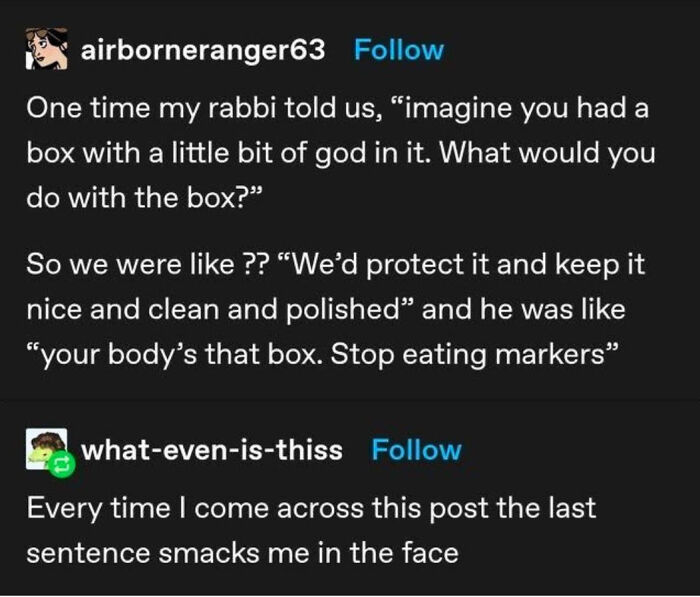 A Tumblr post recounting a rabbi's analogy about the body, a memorable thing shared on Tumblr.