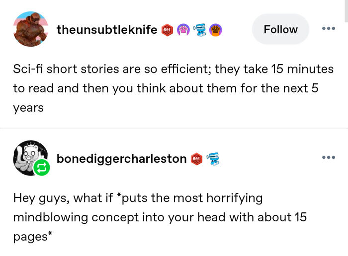 A Tumblr post discussing the efficiency of sci-fi short stories, a funny thing shared on Tumblr.