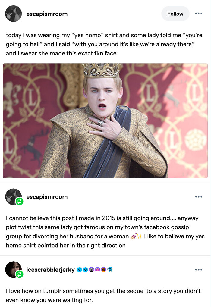 A Tumblr post featuring an image of Joffrey Baratheon looking shocked, with text about a 'yes homo' shirt. One of the best things shared on Tumblr.