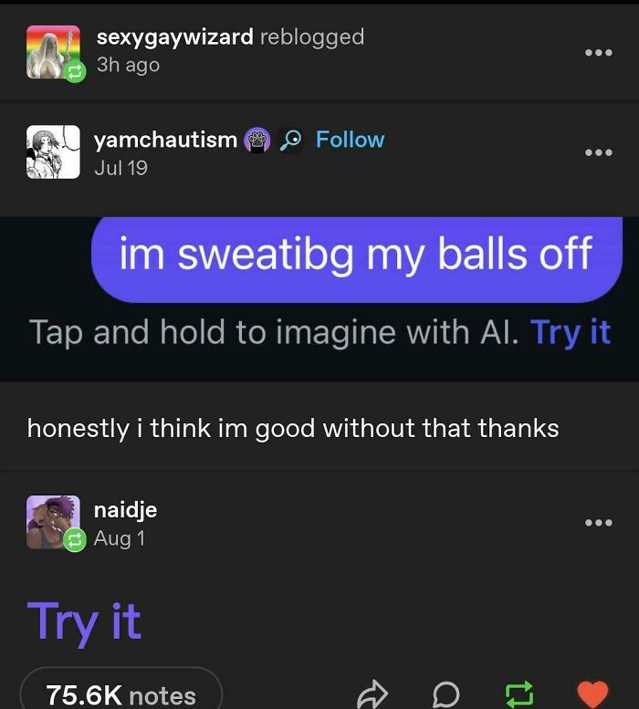 A Tumblr post showing a conversation about AI image generation, one of the best things shared on Tumblr.