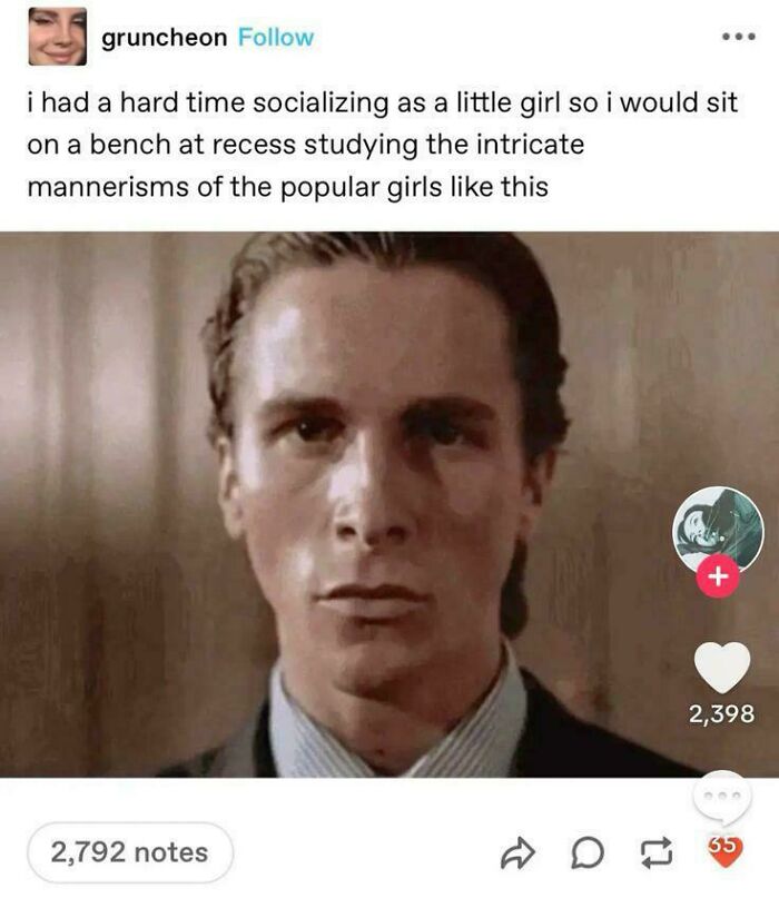 A Tumblr post with a meme of Christian Bale, reflecting on social awkwardness, among the best things on Tumblr.