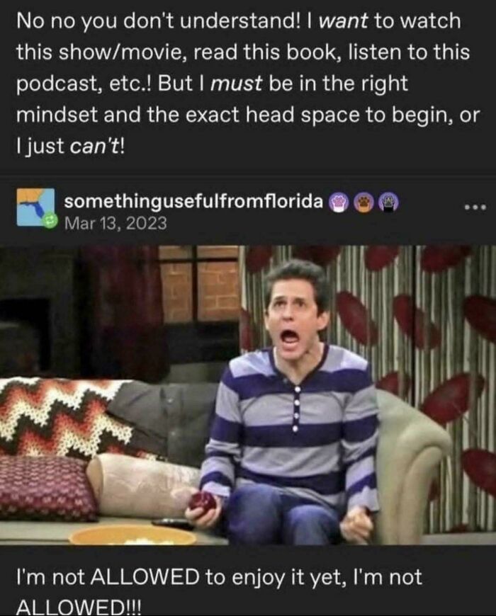 Relatable Tumblr post about needing the right mindset to enjoy media, one of the best things shared on Tumblr.