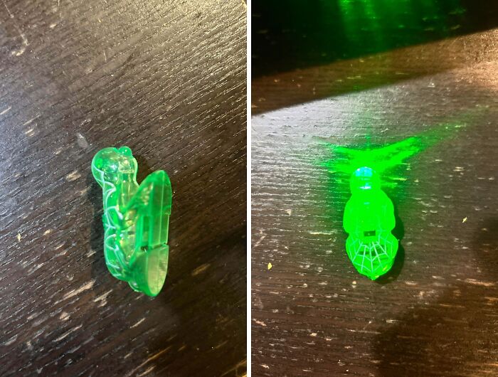 A two-panel image showing a small, clear green plastic object, then glowing green, among baffling images.