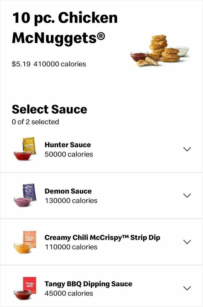 Funny internet moment with McDonald's McNuggets menu showing extremely high calorie counts for items and sauces.
