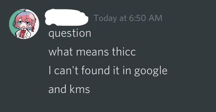 Wholesome images showing a funny chat message asking the meaning of 'thicc'.