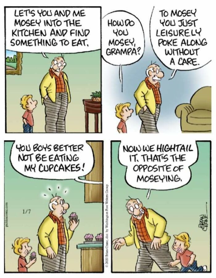 Wholesome images of a comic strip with a grandpa teaching a child how to mosey and hightail it.
