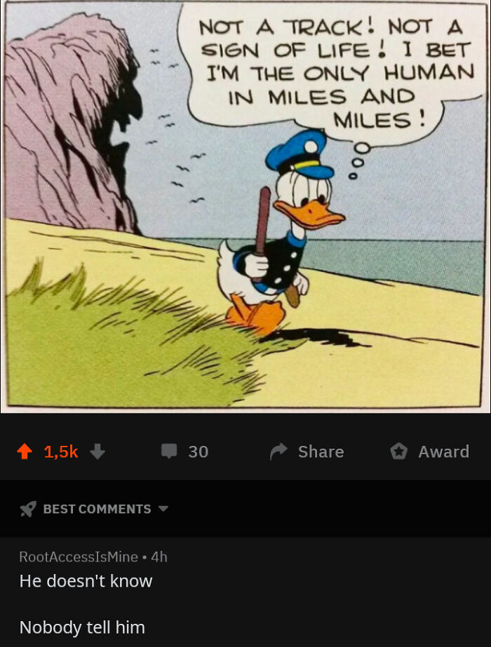 A comic strip featuring Donald Duck believing he is the only human for miles, a wholesome image.
