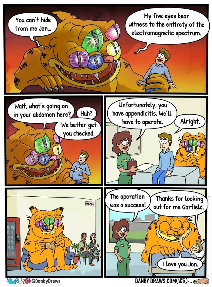 A comic strip about wholesome images of Garfield helping Jon through an appendectomy, concluding with a hug.