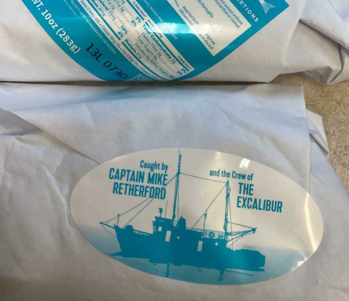 A wholesome image of a fish package with a sticker showing a fishing boat and the text Captain Mike Retherford and The Excalibur.