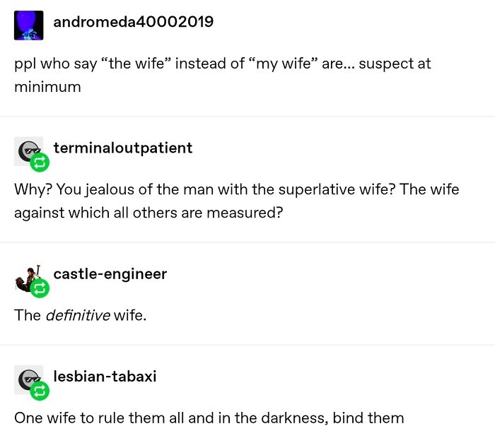 A screenshot of wholesome images from a Reddit discussion about the superlative wife.