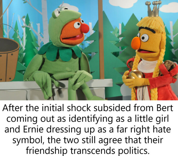 Wholesome image of Bert and Ernie puppets, where Bert is a girl and Ernie is a right-wing symbol, showing their friendship.