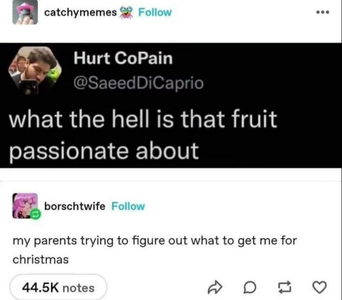 Amusing Tumblr post about passionate fruit and parents guessing Christmas gifts, one of the best things shared on Tumblr.