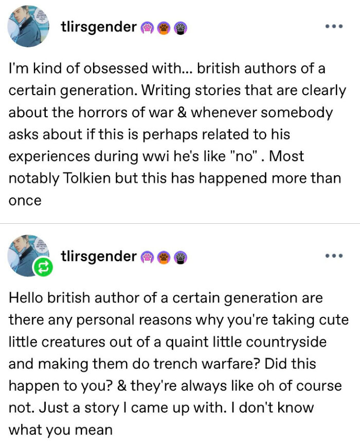 Observational Tumblr post on British authors and WWI experiences, one of the best things shared on Tumblr.