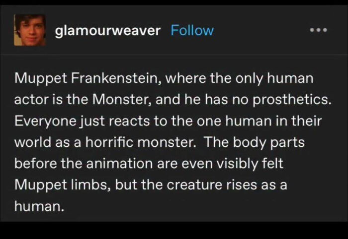 A Tumblr post about a hypothetical Muppet Frankenstein, offering a humorous take on shared content.