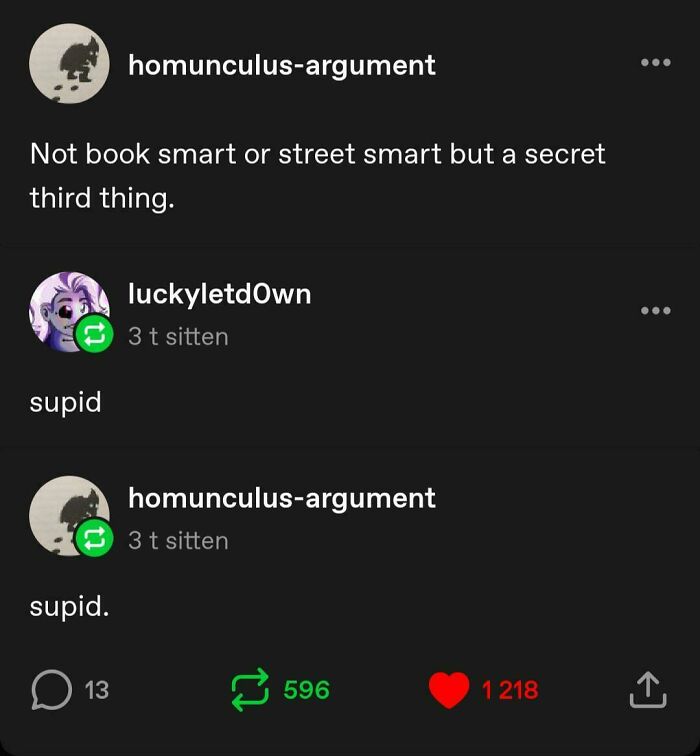 A humorous Tumblr exchange where a user defines a 'secret third thing' as 'supid', showcasing funny shared content.