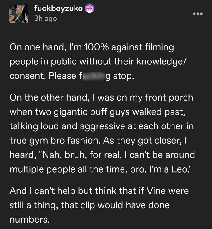 A Tumblr post describing two buff guys talking on a porch, highlighting a funny interaction among best things shared.