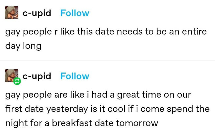 Funny Tumblr post about gay dating and spending the night for breakfast, one of the best things shared on Tumblr.