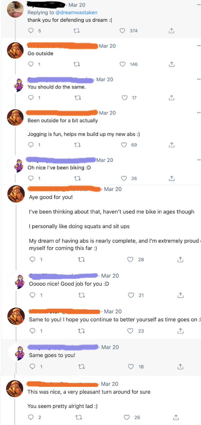 Screenshot of wholesome images of Twitter conversation about positive life changes and mutual encouragement, showcasing wholesome images.
