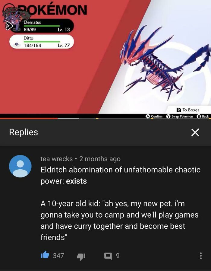 A wholesome image of a child adopting a powerful Eldritch abomination Pokemon, showing surprising innocence.