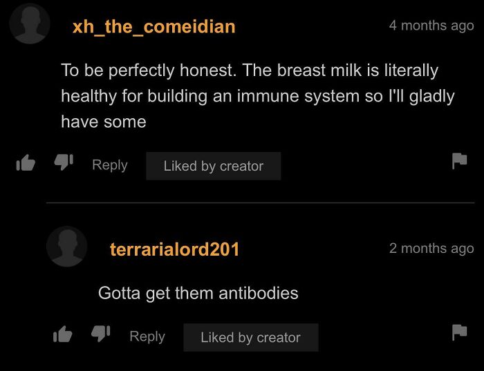 A wholesome image of comments discussing breast milk's immune benefits, showing humor and health awareness.