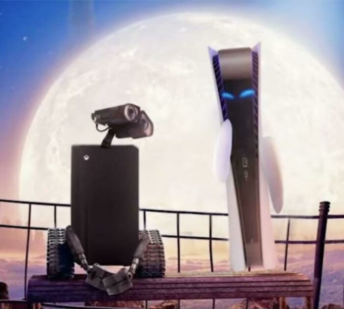 Wholesome images showing a WALL-E-like robot (Xbox) and a slender robot (PS5) on a bench against a full moon.