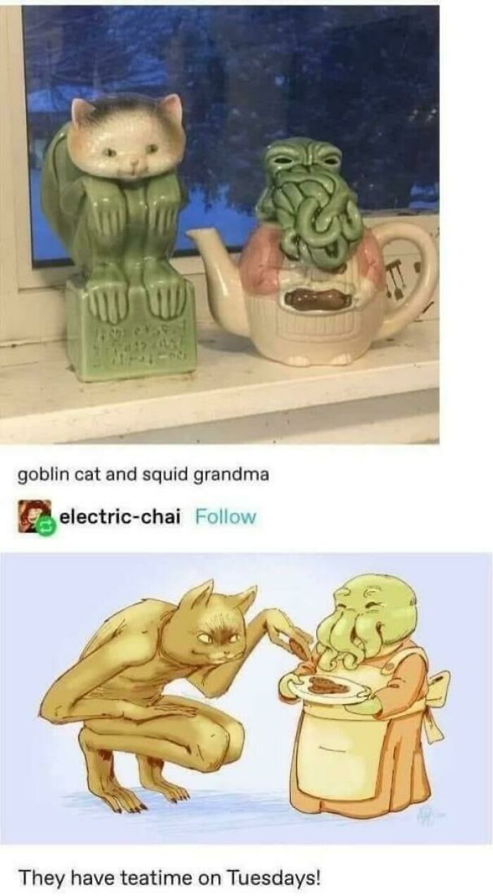 Wholesome images of a goblin cat and squid grandma teapot and their animated tea time.