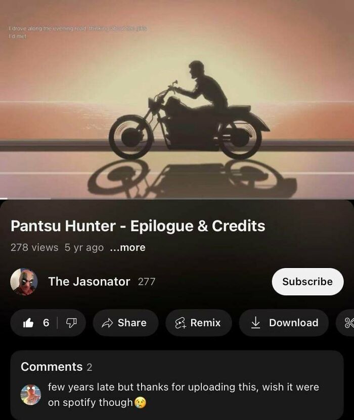 Wholesome images presenting a YouTube screenshot of a motorcycle silhouette at sunset, titled Pantsu Hunter.
