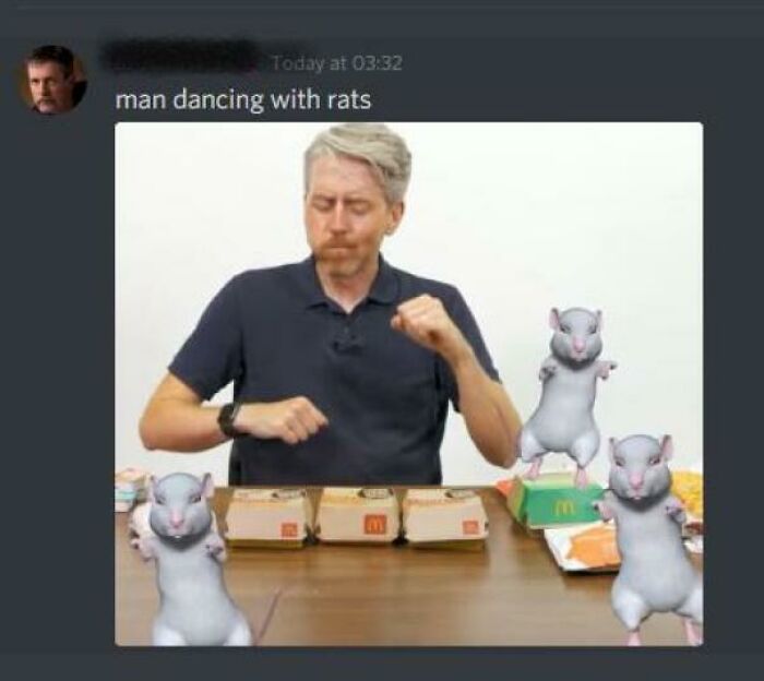 Wholesome images of a man dancing with CGI rats, enjoying McDonald's.