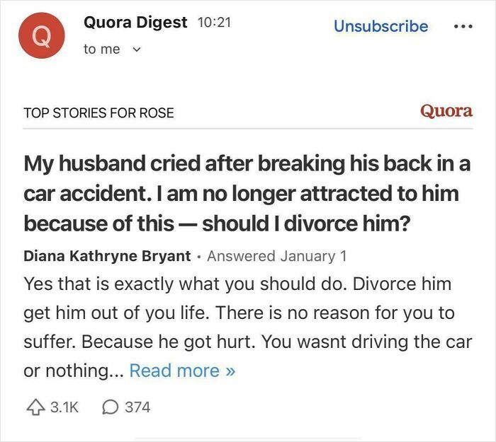 A weird internet moment: A Quora Digest email with a controversial question about divorcing a husband after an accident.
