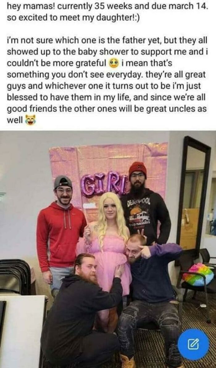 A pregnant woman surrounded by four supportive men at a baby shower, sharing a wholesome moment.