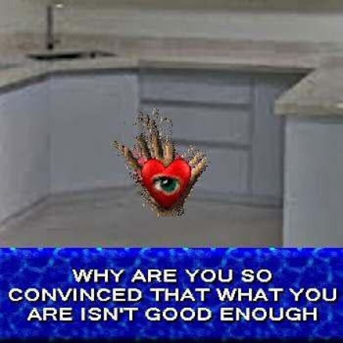 A wholesome image featuring a stylized heart and eye, with a quote about self-worth in a kitchen setting.