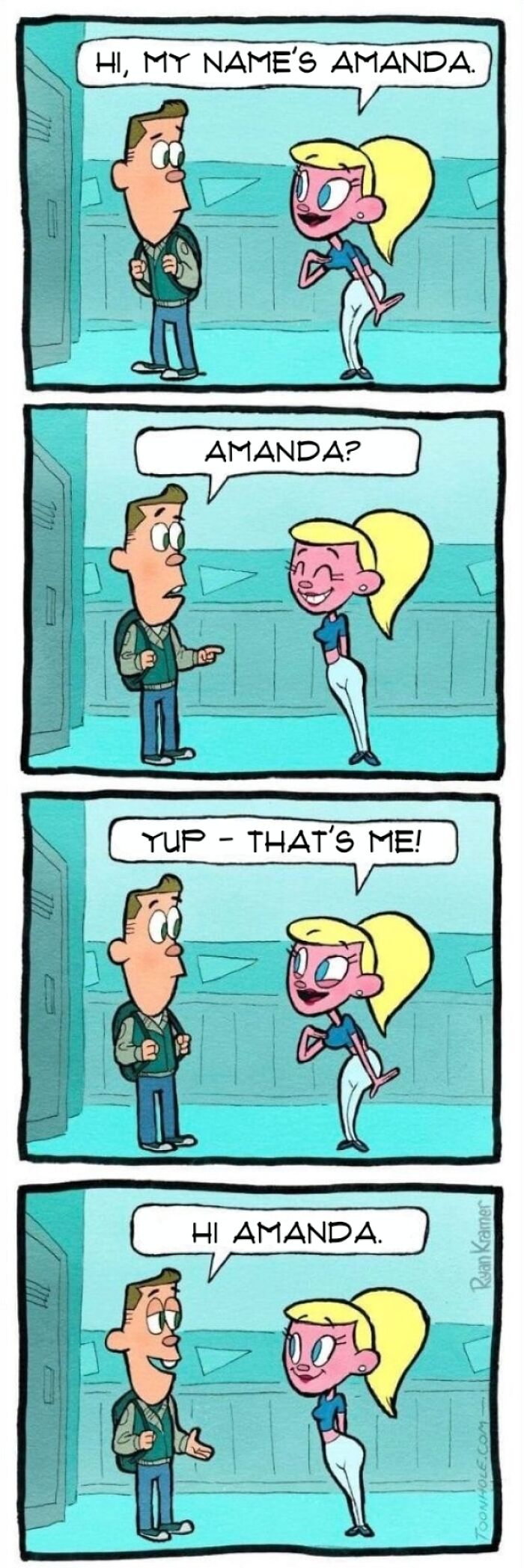 A comic strip about a guy and a girl named Amanda having a wholesome conversation at school.