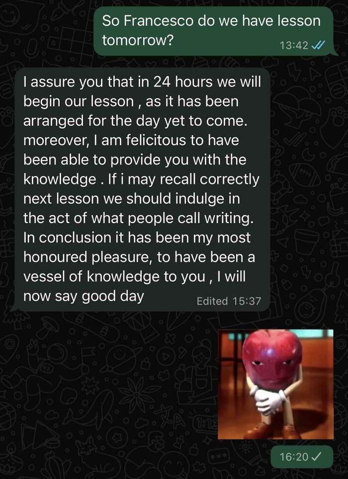 A funny internet moment screenshot with an overly formal text message exchange about lessons and knowledge.