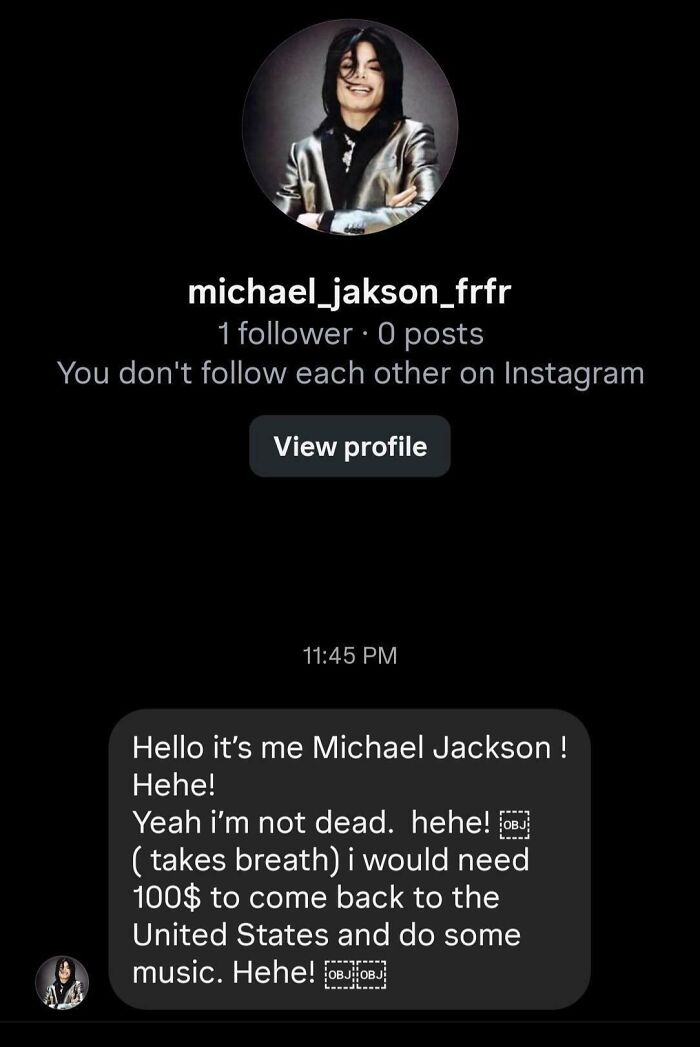 Screenshot of funny internet moment: a fake Michael Jackson Instagram account trying to scam someone.