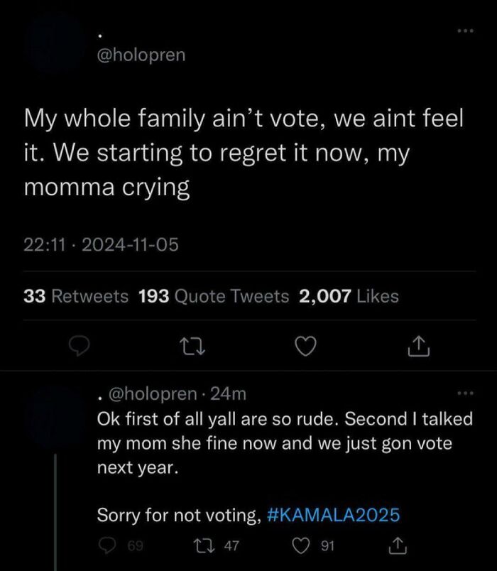 A screenshot of tweets showing unexpected character development about a family's regret for not voting.
