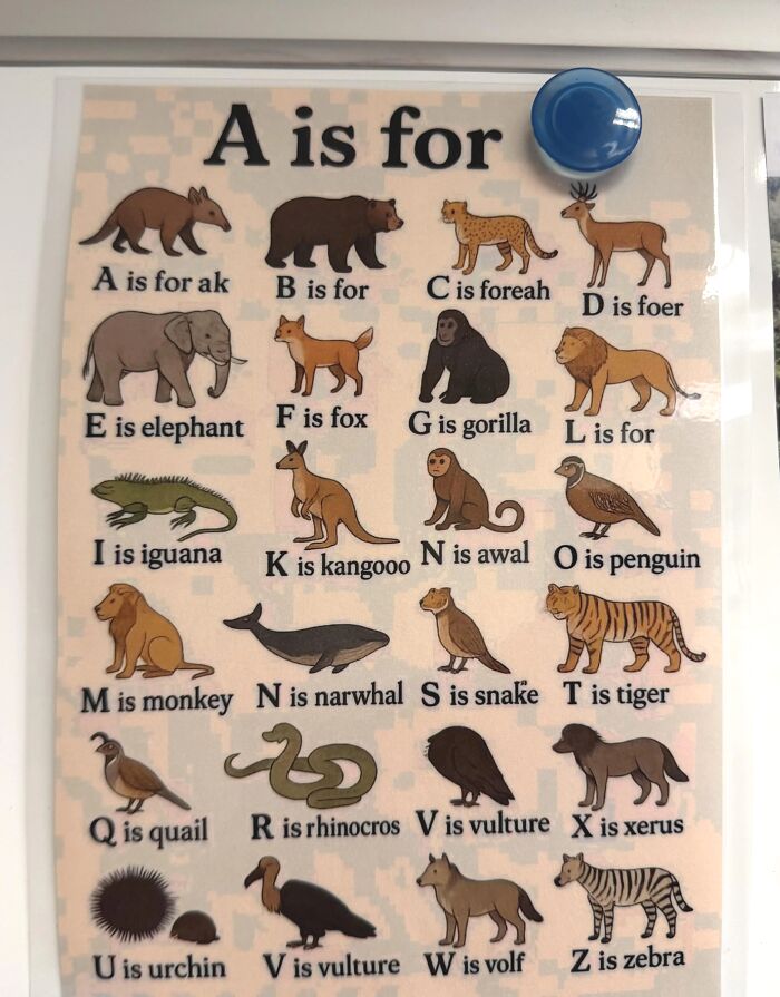 A baffling image of an alphabet poster with numerous spelling errors for animals, prompting questions.